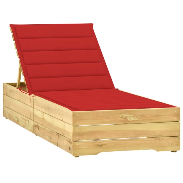 Lettino da Giardino con Cuscino Rosso in Legno Pino Impregnato