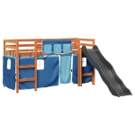 Letto a Soppalco con Tende Bambini Blu 90x200 cm Massello Pino
