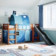 Letto a Soppalco con Tunnel Bambini Blu 80x200cm Massello Pino
