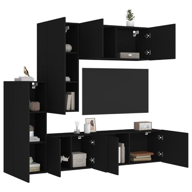 Mobili TV a Muro 5pz Neri in Legno Multistrato