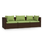 Divano a 3 Posti con Cuscini in Polyrattan Marrone