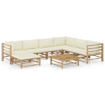 Set Salotto da Giardino 8pz con Cuscini Bianco Crema in Bambù