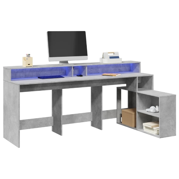 Scrivania con Luci LED Grigio Cemento 200x104x91 cm Truciolato