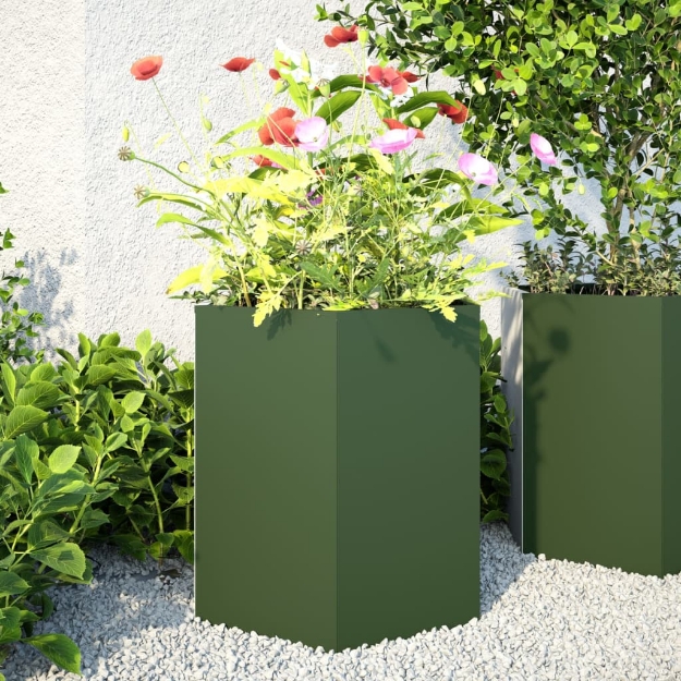 Fioriere da Giardino 2pz Verde Oliva Esagono 46x40x45cm Acciaio