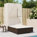 Lettino Prendisole con Tetto e Tende Marrone in Polyrattan