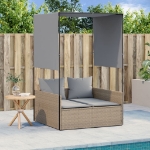 Lettino Prendisole con Tetto e Tende Beige in Polyrattan