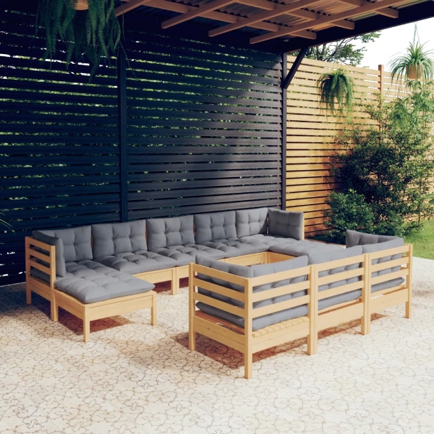 Set Divani da Giardino 10 pz con Cuscini Grigi Massello di Pino
