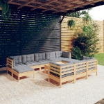 Set Divani da Giardino 11 pz con Cuscini Grigi Massello di Pino