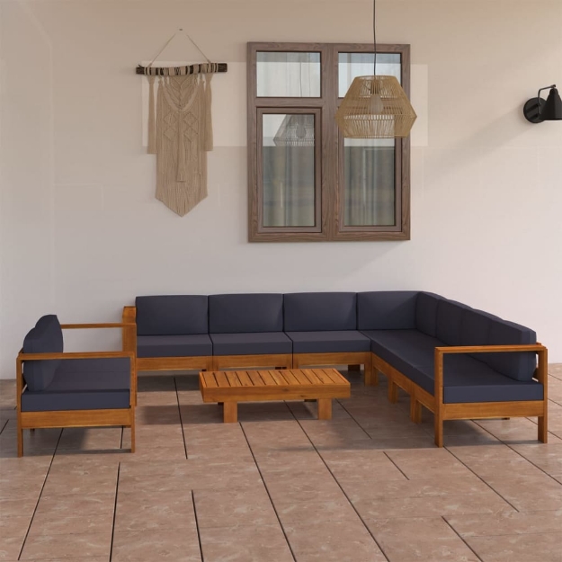 Set Divani Giardino 9 Posti Cuscini Grigi Scuro Massello Acacia