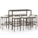 Set da Bar da Giardino 9 pz con Cuscini in Polyrattan Marrone