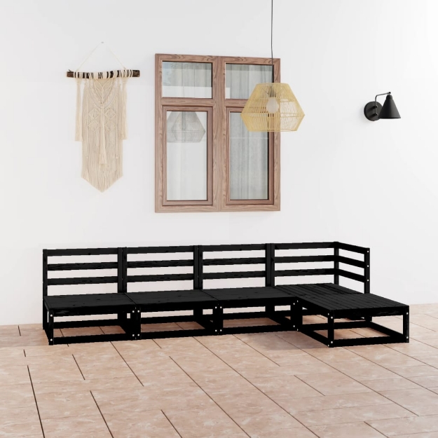 Set Divani da Giardino 5 pz Nero in Legno Massello di Pino