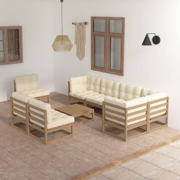 Set Salotto Giardino 9 pz con Cuscini in Legno Massello di Pino