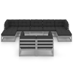 Set Divani da Giardino 10pz con Cuscini Grigio Massello di Pino