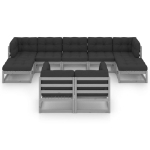 Set Divani da Giardino 9 pz con Cuscini Grigio Massello di Pino