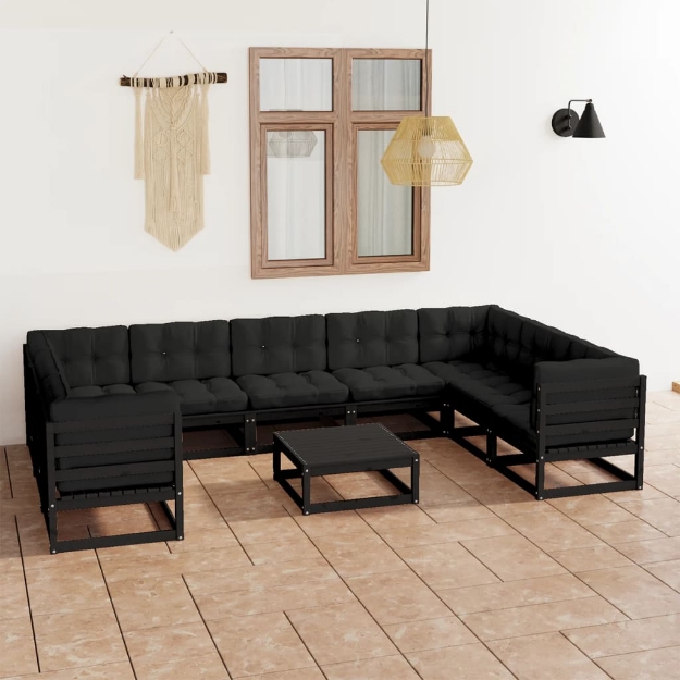 Set Divani da Giardino 10 pz con Cuscini in Pino Massello Nero