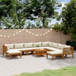 Set Divani da Giardino 11 pz con Cuscini Crema in Legno Acacia