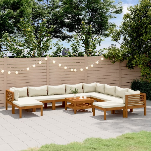 Set Divani da Giardino 11 pz con Cuscini Crema in Legno Acacia
