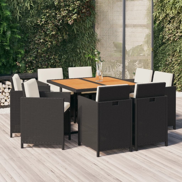Set da Pranzo da Giardino 9 pz con Cuscini Nero in Polyrattan