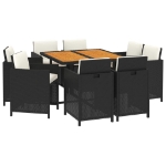 Set da Pranzo da Giardino 9 pz con Cuscini Nero in Polyrattan