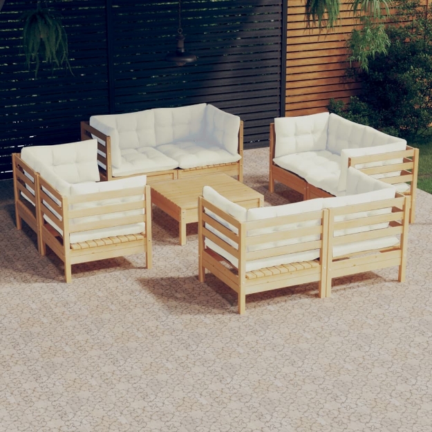 Set Salotto da Giardino 9 pz con Cuscini Crema in Legno di Pino