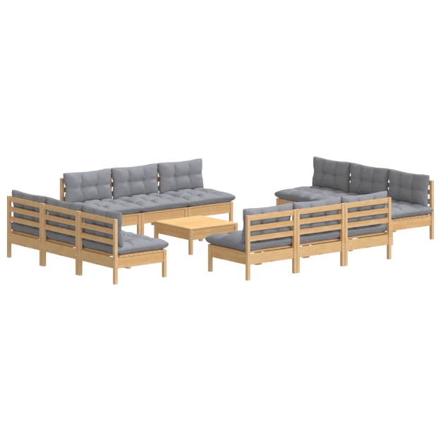 Set Divani da Giardino 13 pz con Cuscini Grigi Massello di Pino