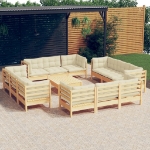 Set Salotto da Giardino 13pz con Cuscini Crema in Legno di Pino