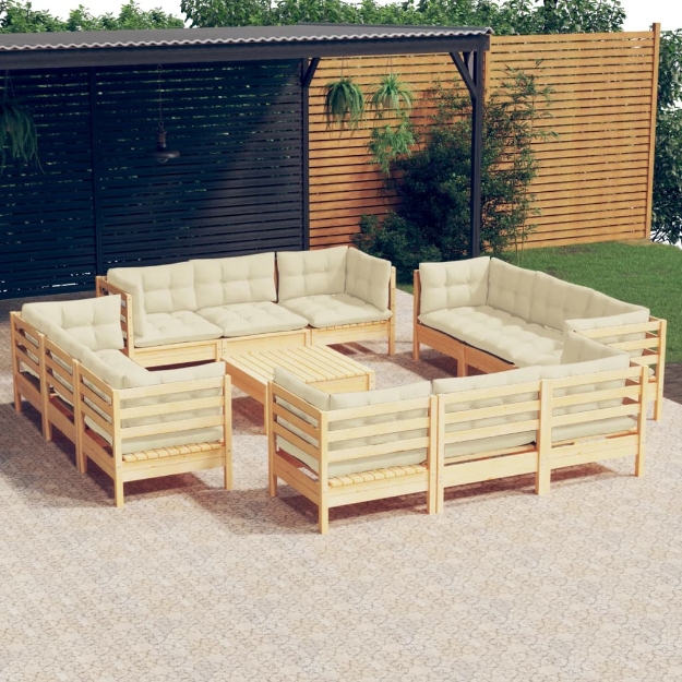 Set Salotto da Giardino 13pz con Cuscini Crema in Legno di Pino