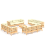 Set Salotto da Giardino 13pz con Cuscini Crema in Legno di Pino