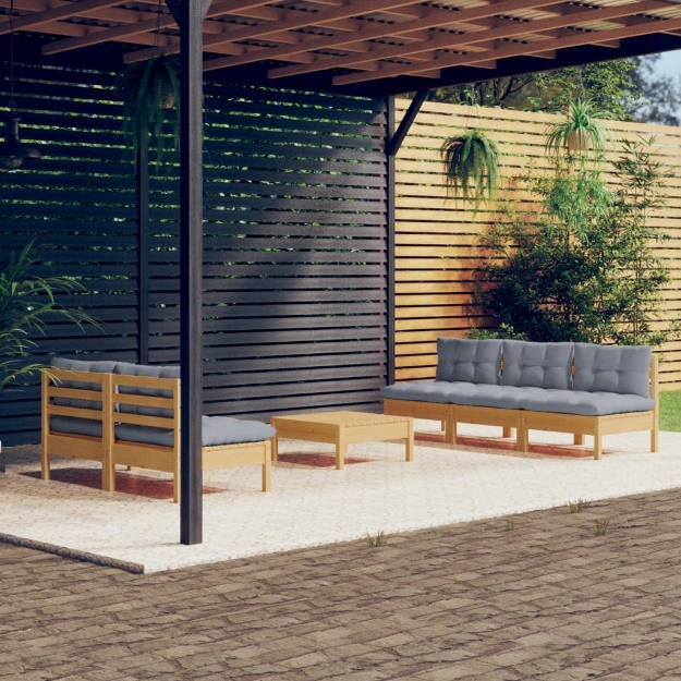 Set Divani da Giardino 6 pz con Cuscini Grigi Massello di Pino