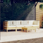 Set Divani da Giardino 5 pz con Cuscini Crema in Massello di Pino