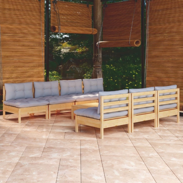 Set Divani da Giardino 8 pz con Cuscini Grigi Massello di Pino