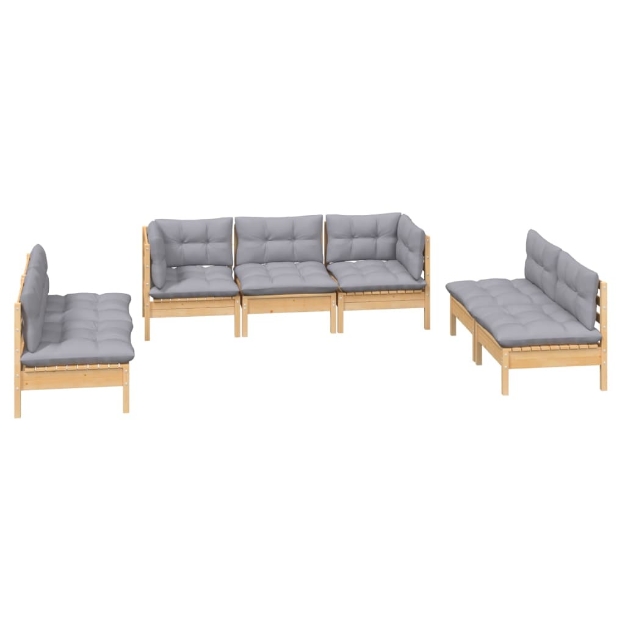 Set Divani da Giardino 7 pz con Cuscini Grigi Massello di Pino