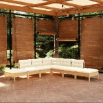 Set Salotto da Giardino 7pz con Cuscini Crema in Legno di Pino