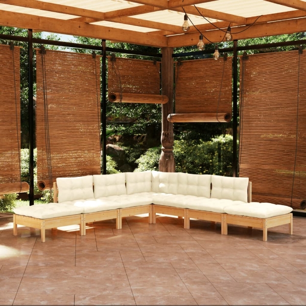 Set Salotto da Giardino 7pz con Cuscini Crema in Legno di Pino