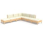Set Salotto da Giardino 7pz con Cuscini Crema in Legno di Pino