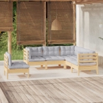 Set Divani da Giardino 5 pz con Cuscini Grigi Massello di Pino