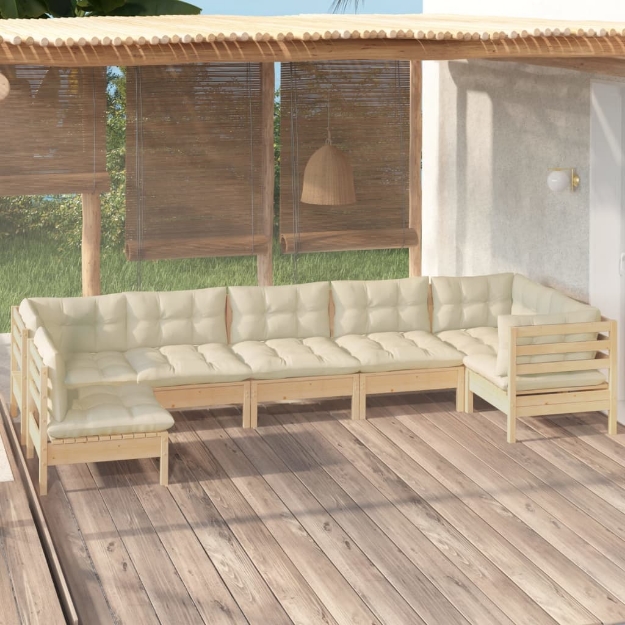 Set Salotto da Giardino 7pz con Cuscini Crema in Legno di Pino
