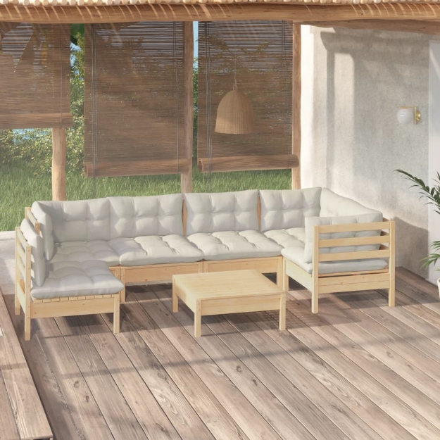 Set Salotto da Giardino 7pz con Cuscini Crema in Legno di Pino