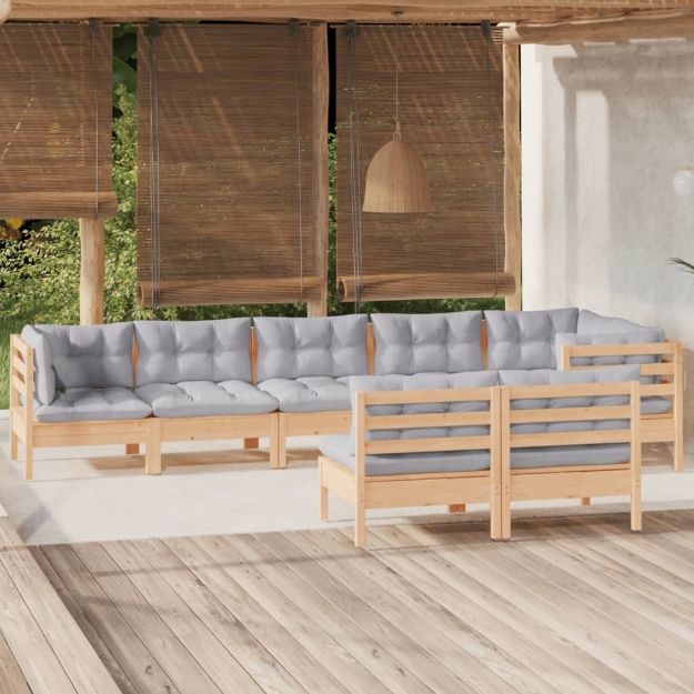 Set Divani da Giardino 8 pz con Cuscini Grigi Massello di Pino