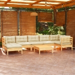 Set Divani da Giardino 8 pz con Cuscini Crema in Massello di Pino