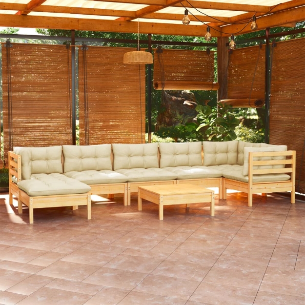 Set Divani da Giardino 8 pz con Cuscini Crema in Massello di Pino