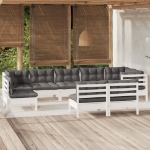 Set Divani da Giardino 9 pz con Cuscini Bianchi Legno di Pino