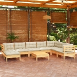 Set Divani da Giardino 9 pz con Cuscini Crema in Massello di Pino