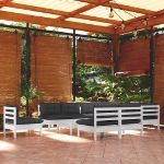 Set Divani da Giardino 11 pz con Cuscini Bianchi Legno di Pino