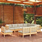Set Divani da Giardino 9 pz con Cuscini Crema Massello di Pino