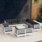 Set Divani da Giardino 12 pz con Cuscini Bianchi Legno di Pino