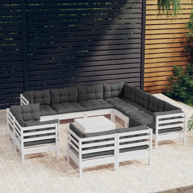 Set Divani da Giardino 12 pz con Cuscini Bianchi Legno di Pino