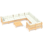 Set Divani da Giardino 10 pz con Cuscini Crema Massello di Pino
