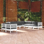 Set Divani da Giardino 9 pz con Cuscini Bianchi Legno di Pino