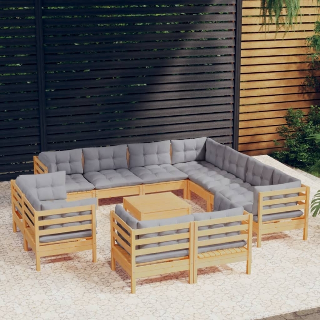 Set Divani da Giardino 12 pz con Cuscini Grigi Massello di Pino